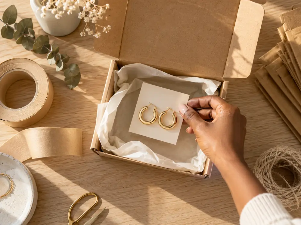 A hand placing a card of gold hoop earrings into a small kraft gift box on a packing table.