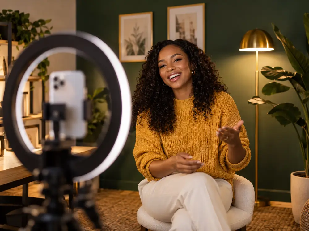 A creator in a mustard jumper laughing as she films a video with a phone and a ring light.